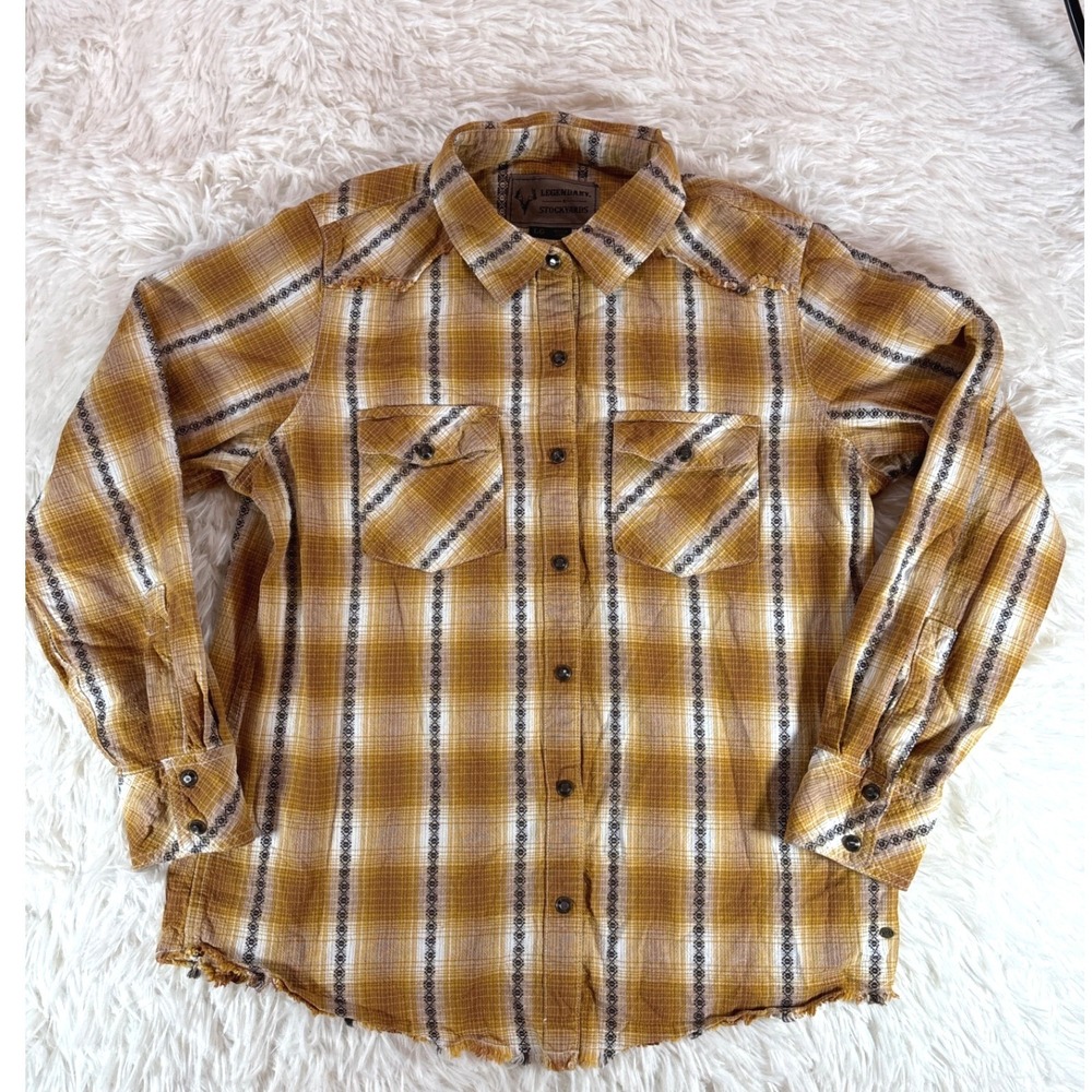 Legendary Stockyards Womens Plaid Pearl Snap Shirt Mustard Brown Fringe LG 6330